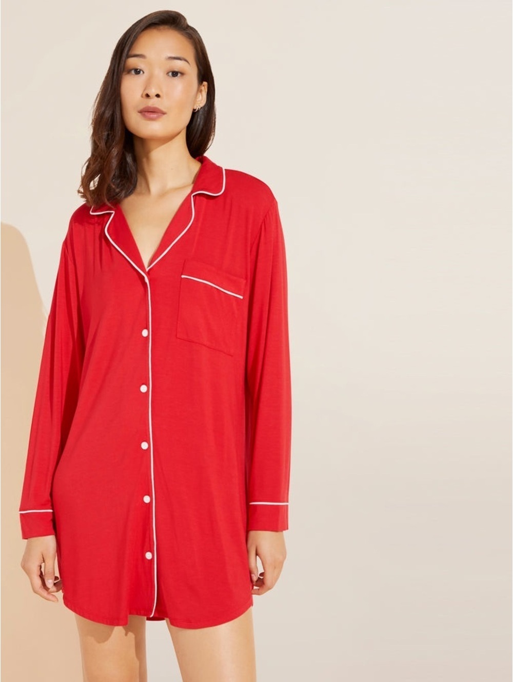 Eberjey Gisele TENCEL Modal Sleepshirt Red Ivory Piped Nightgown Women’s Small